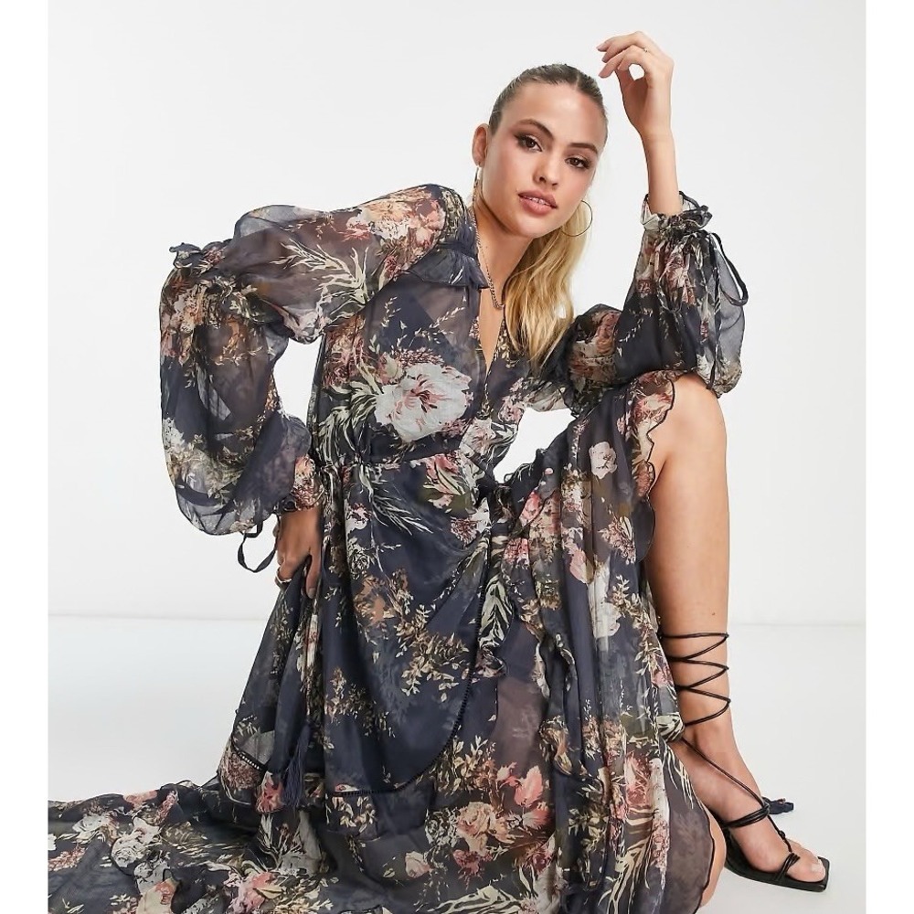 Cottagecore Midi Dress Blue Romantic Chiffon Boho‎ Sheer Fairycore Floral 8 ASOS - Picture 3 of 11